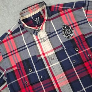 Triple Fat Goose Mens 2XL Plaid Short Sleeve Snap Button Shirt Back Graphic Red